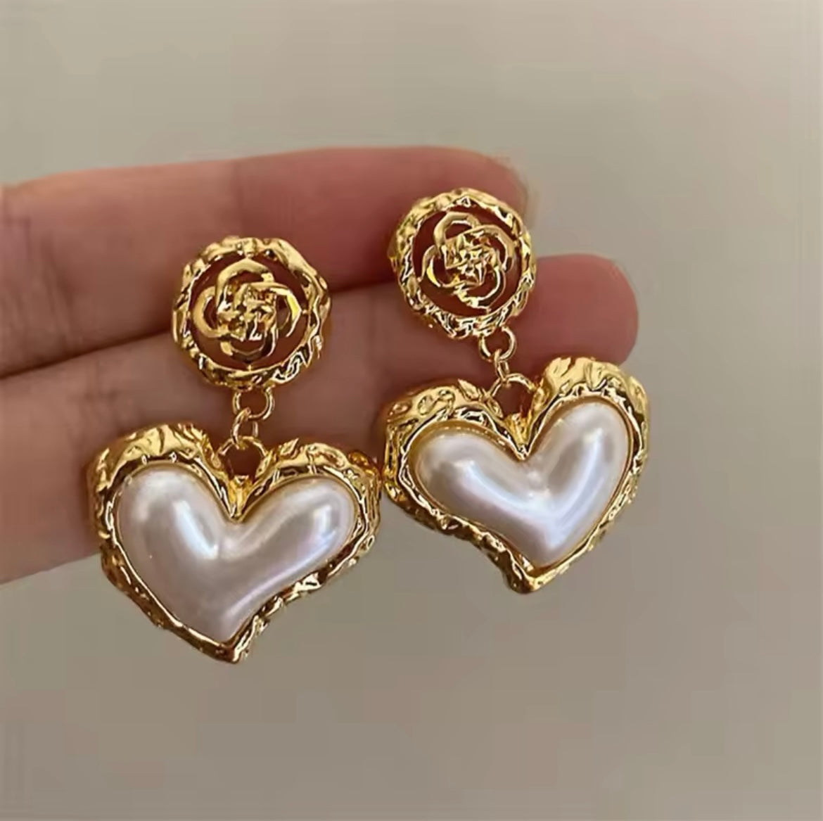 PEARL ROSE| Heart Drop Earrings| Elegant Jewellery for Women| Pearl Earrings UK| Heart Shaped Earrings|Pearl Gold Earrings|Gifts For Her