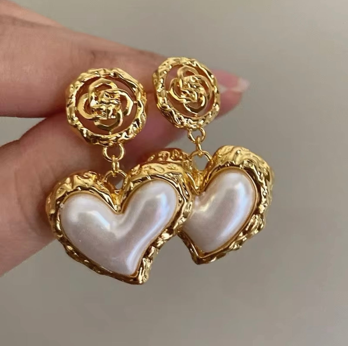 PEARL ROSE| Heart Drop Earrings| Elegant Jewellery for Women| Pearl Earrings UK| Heart Shaped Earrings|Pearl Gold Earrings|Gifts For Her