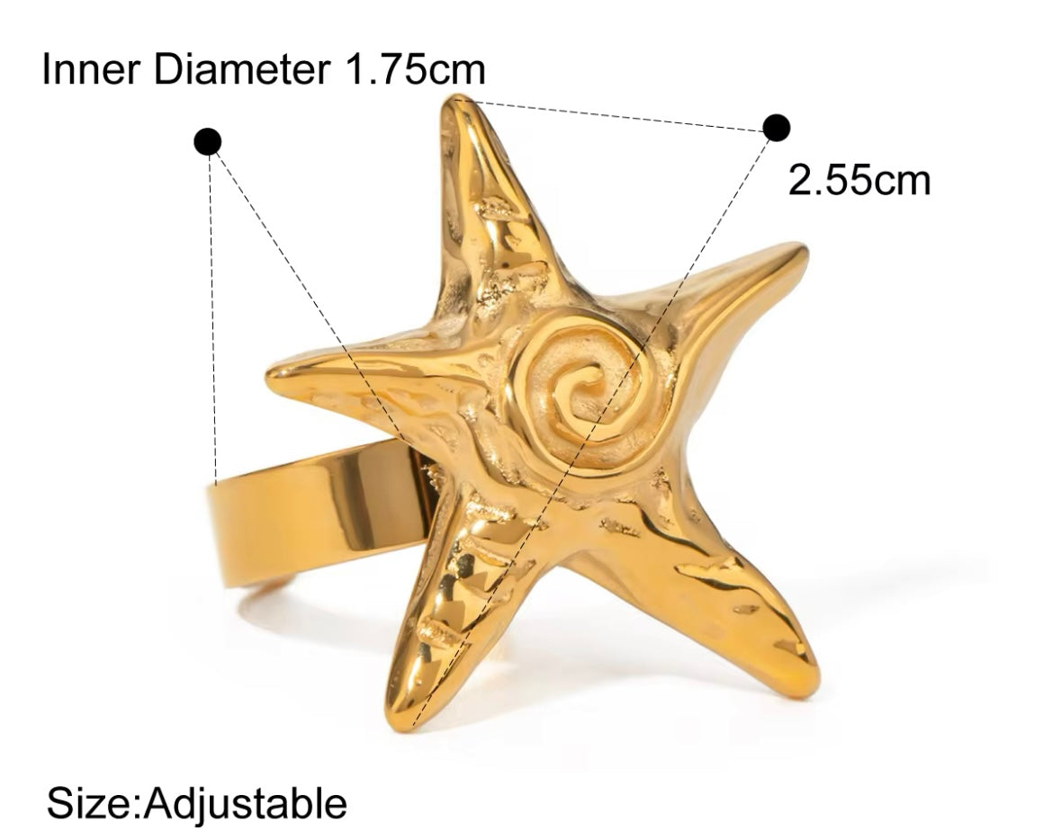 STARFISH Gold Ring 18k Gold PVD Plated Stainless Steel| Summer Jewellery| Ocean Inspired Vintage Ring|Adjustable Ring|Starfish Ring Gold|Gifts