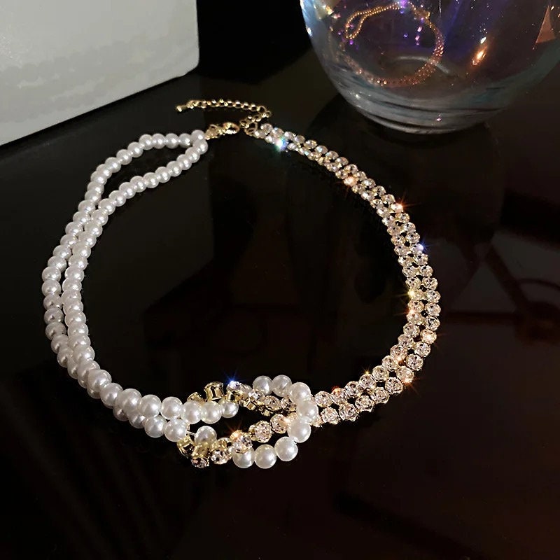 CRYSTAL|Double Choker Necklace|Statement Necklace|Choker Necklace For Women|Choker Necklace Silver Pearl|Pearl Choker Necklace|Gifts For Her