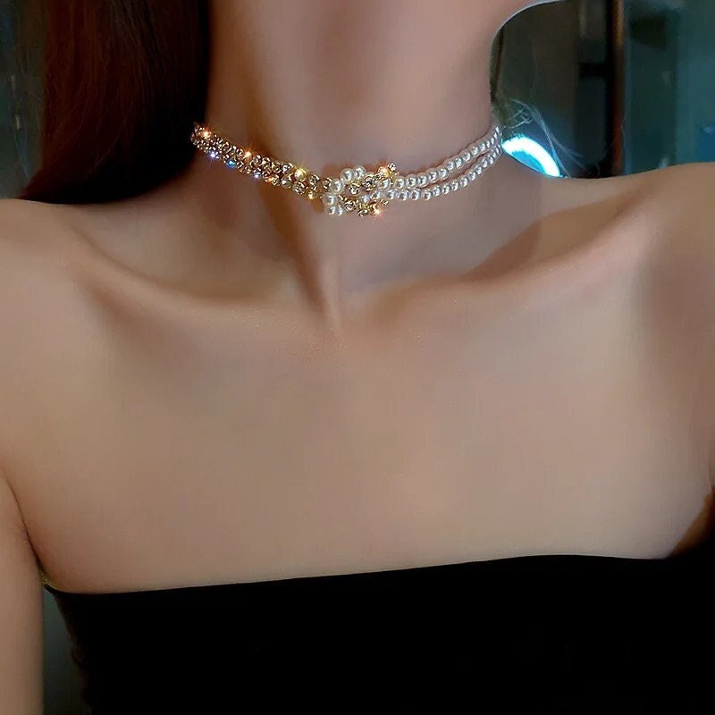 CRYSTAL|Double Choker Necklace|Statement Necklace|Choker Necklace For Women|Choker Necklace Silver Pearl|Pearl Choker Necklace|Gifts For Her