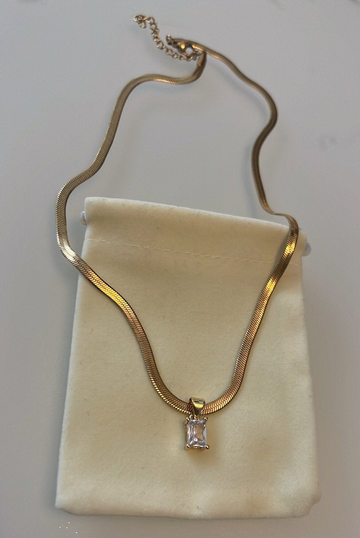 VENUS|14k Gold Plated Crystal Pendant Necklace|Stainless Steel Snake Chain| Gold Minimalist Pendant|Rectangle Charm Necklace|Gifts For Her