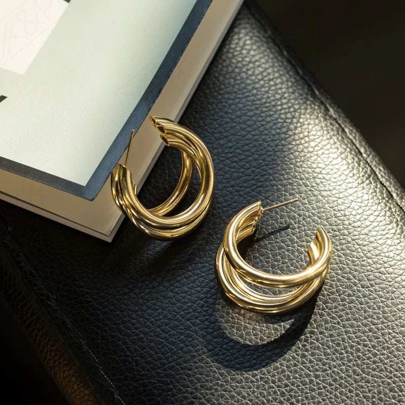 TROIS|Gold Hoop Earrings Thick|Triple Hoop Earrings|Elegant Jewellery for Women| Gifts For Her