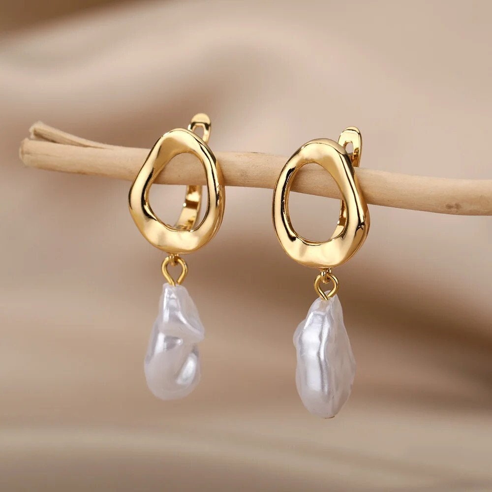 RINA|Pearl Drop Earrings Gold Stainless Steel|Bridal Earrings| Dangle Earrings| Pearl Drop Earrings Clip On|Wedding|Gifts For Her