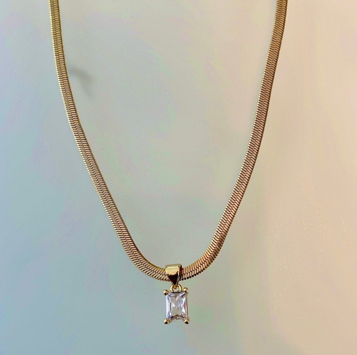 VENUS|14k Gold Plated Crystal Pendant Necklace|Stainless Steel Snake Chain| Gold Minimalist Pendant|Rectangle Charm Necklace|Gifts For Her