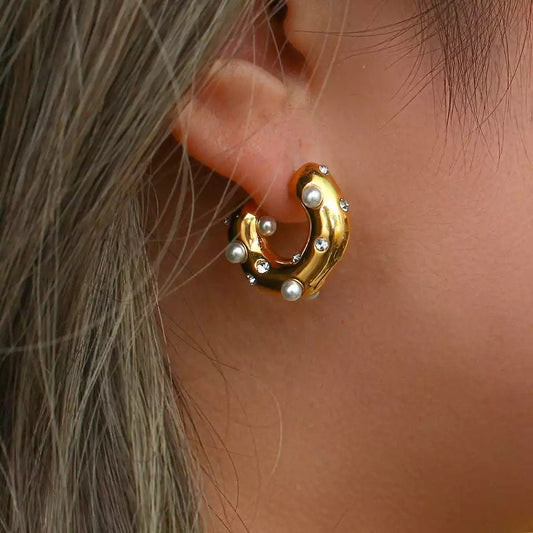 GOLD|Stainless Steel Hoop Earrings With Pearl|Pearl Zircon Earring|Pearl Hoop Earrings Gold|Gold Hoop Earrings|Gifts For Her