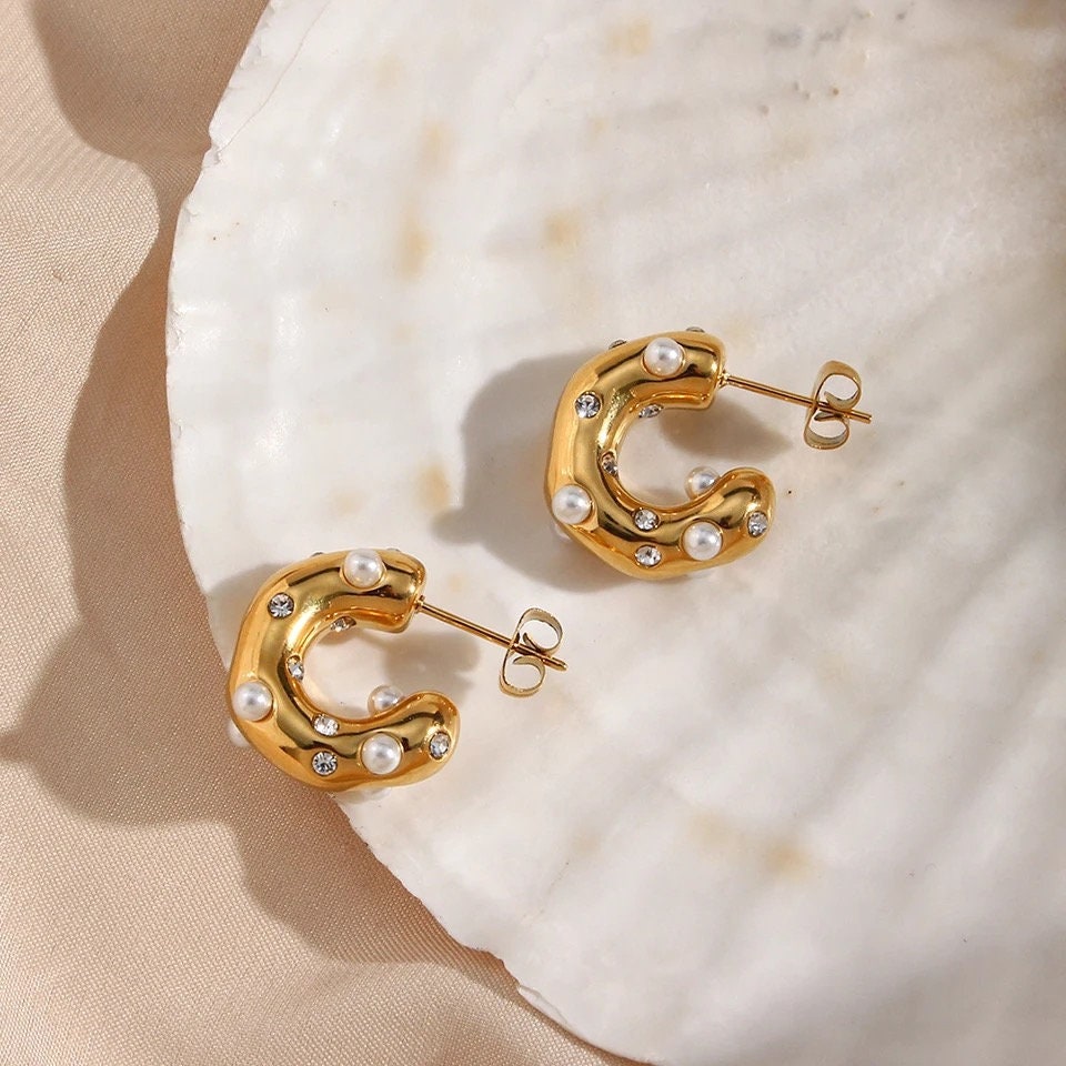 GOLD|Stainless Steel Hoop Earrings With Pearl|Pearl Zircon Earring|Pearl Hoop Earrings Gold|Gold Hoop Earrings|Gifts For Her